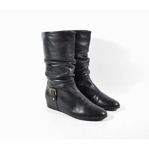 Stuart Weitzman Soft Black Leather Ruched Slouchy Hidden Wedge Calf Boots Sz 7M
